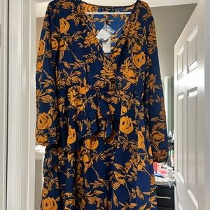 Amazon Navy and Orange Floral Long Sleeve Dress